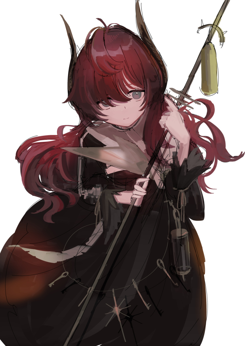 1girl, arknights, bangs, black_dress, closed_mouth, copyright_request, domma_(arknights), dress