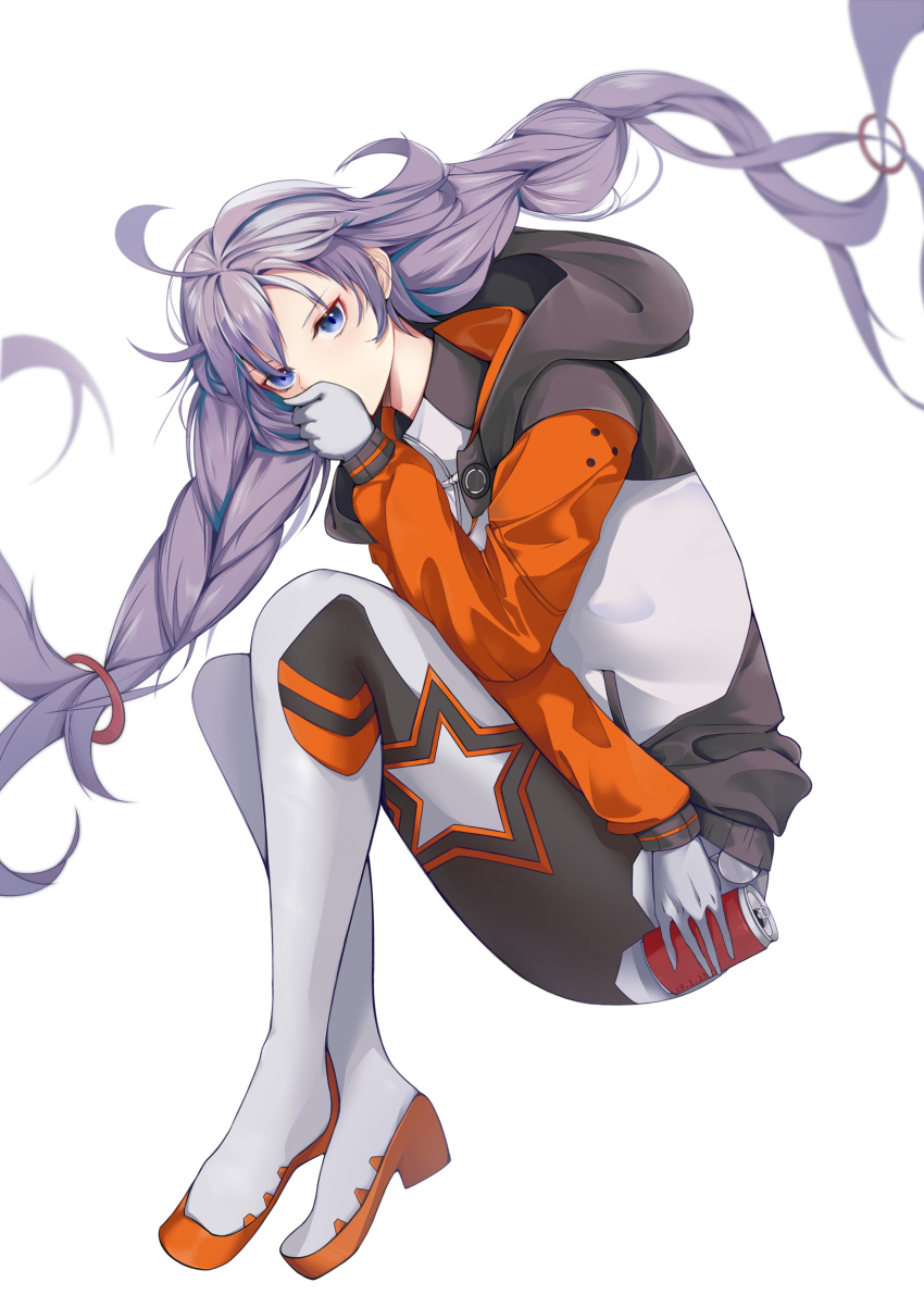 1girl, absurdres, bangs, blue_eyes, bodysuit, braid, can, cheng_e_cheng, covering_mouth, full_body, highres, holding, holding_can, honkai_(series), honkai_impact_3rd, jacket, kiana_kaslana, kiana_kaslana_(white_comet), long_hair, long_sleeves, looking_at_viewer, simple_background, soda_can, solo, twin_braids, white_background, white_bodysuit, white_hair