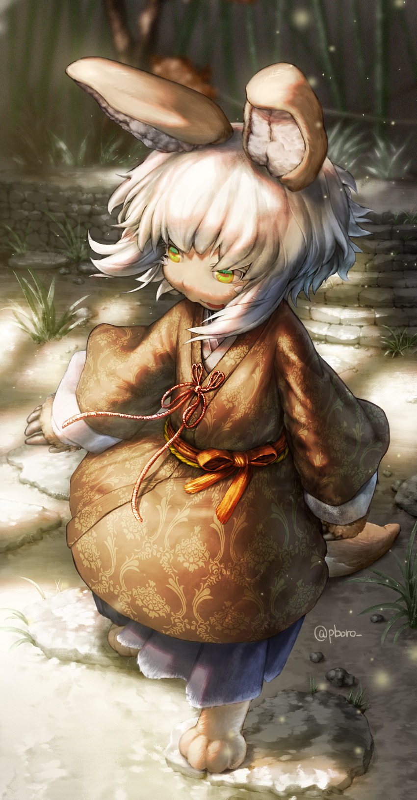 1other, :3, :d, absurdres, animal_ears, bamboo_fence, bangs, barefoot, blurry, brown_kimono, cosplay, dappled_sunlight, day, depth_of_field, fence, fireflies, floral_print, from_above, furry, grass, green_eyes, highres, horizontal_pupils, japanese_clothes, kimono, kuro_the_divine_heir, kuro_the_divine_heir_(cosplay), long_sleeves, made_in_abyss, nanachi_(made_in_abyss), outdoors, pavement, pboro, rabbit_ears, rock, sash, sekiro:_shadows_die_twice, short_hair, sidelocks, smile, solo, stairs, sunlight, tail, twitter_username, walking, whiskers, yellow_eyes