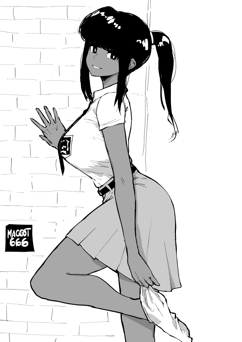 1girl, absurdres, against_wall, artist_name, belt, black_hair, breasts, brick_wall