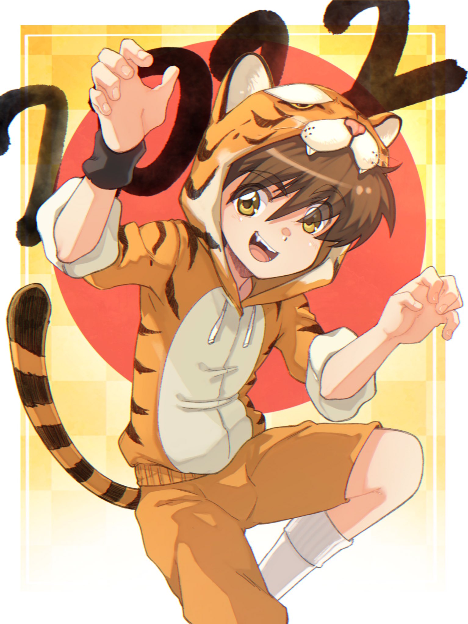1boy, 2022, animal_costume, animal_ears, animal_print, child, chinese_zodiac, commentary