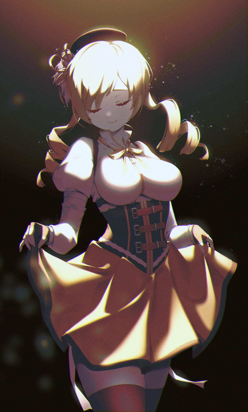 1girl, absurdres, beret, blonde_hair, closed_eyes, clothes_lift, corset, detached_sleeves