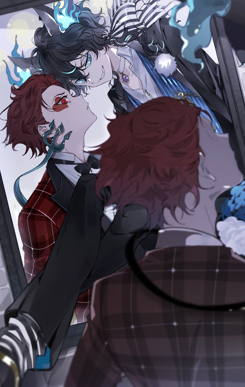2boys, ace_trappola, animal_ears, black_hair, blue_eyes, cat_ears, grim_(twisted_wonderland), heart