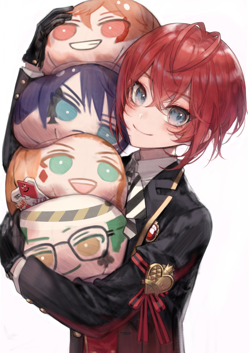 1boy, ace_trappola, ahoge, blue_eyes, blush, cater_diamond, deuce_spade, head_tilt