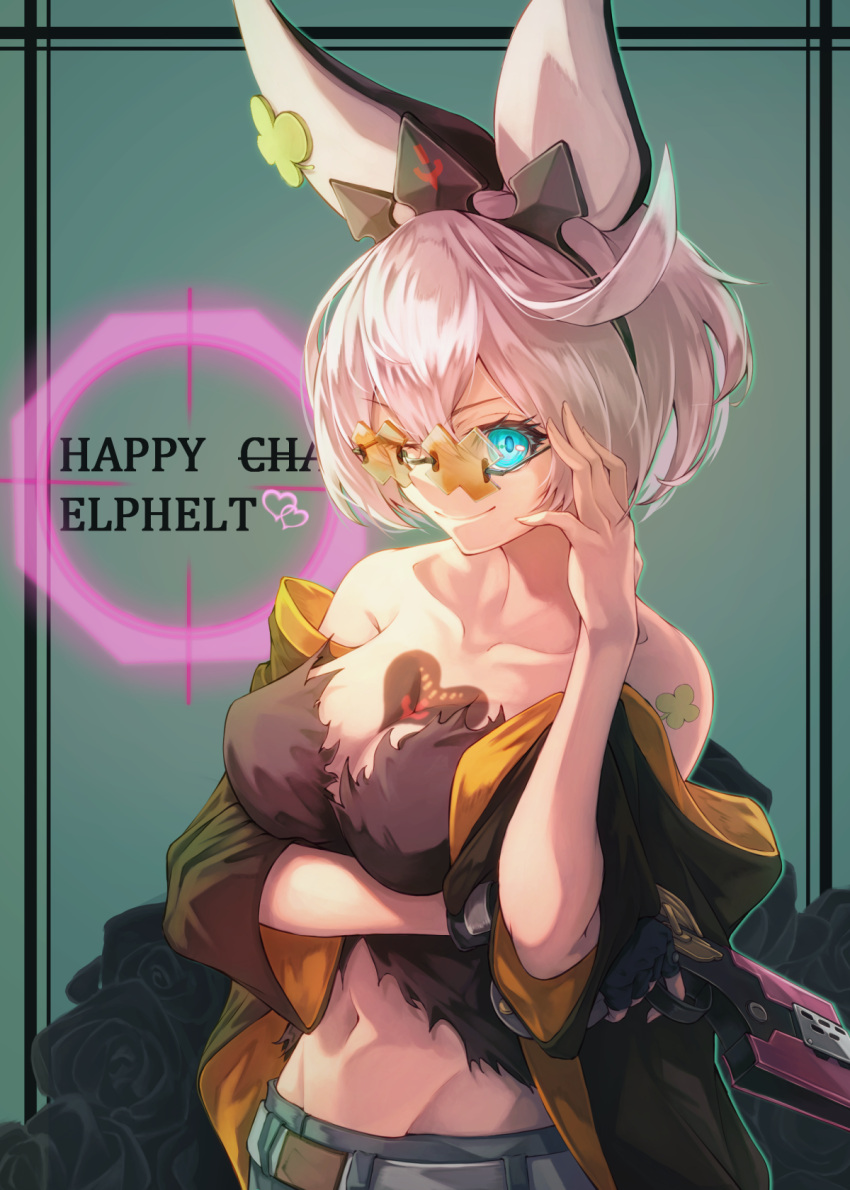 1girl, ahoge, aiming, animal_ears, black_flower, black_rose, blue_eyes, character_name