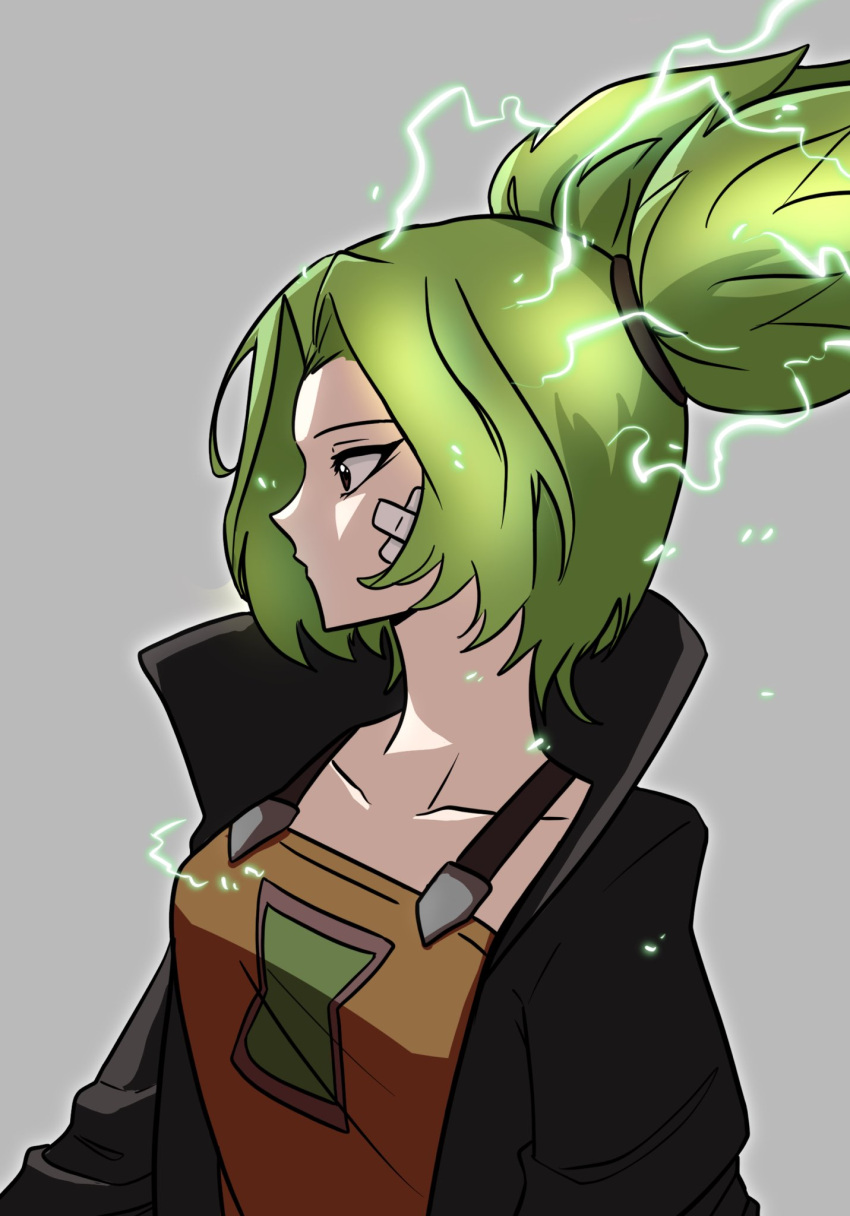 1girl, bandaid, bandaid_on_face, coat, electricity, green_hair, highres, league_of_legends