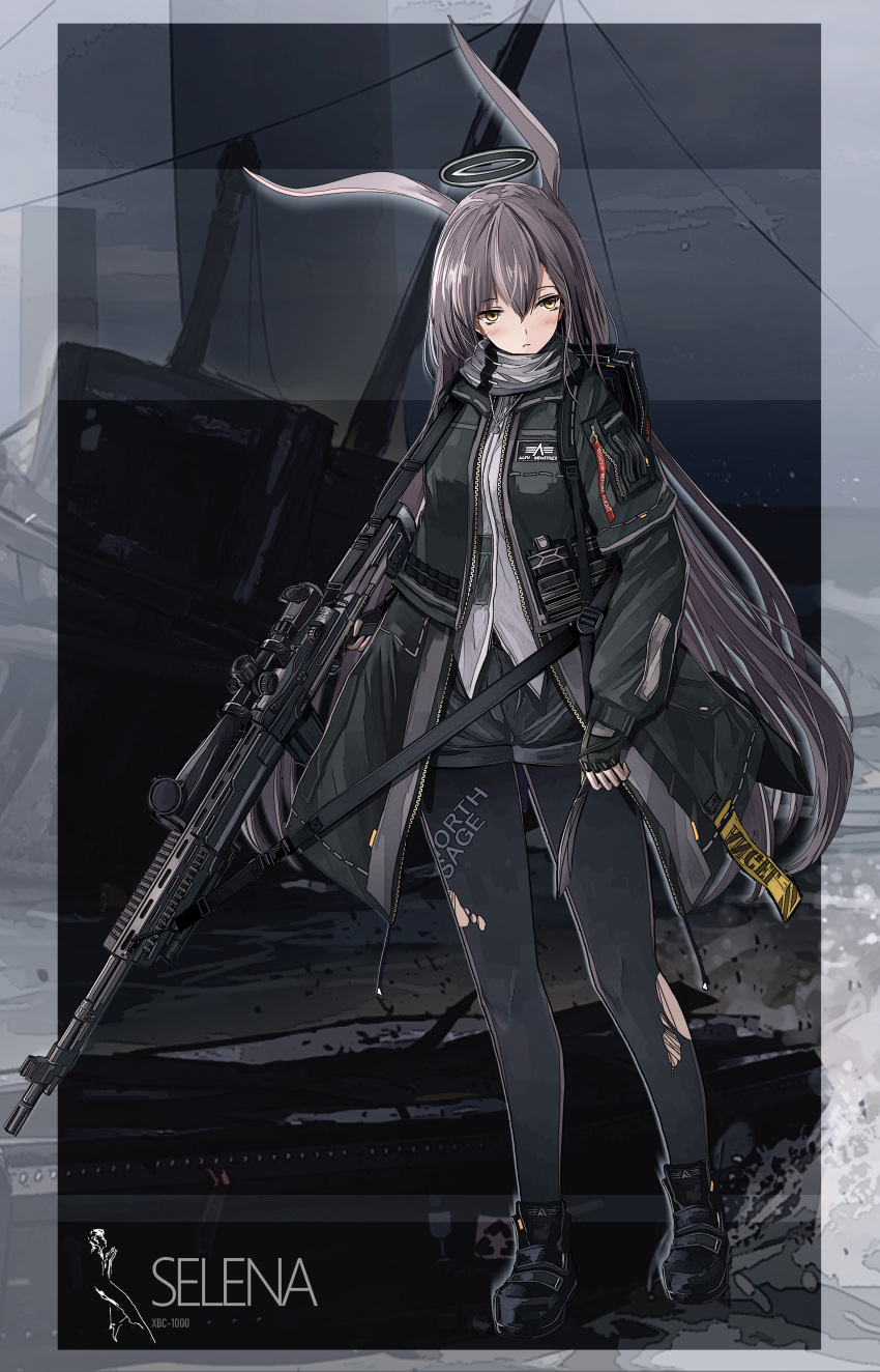 1girl, absurdres, animal_ears, black_gloves, black_legwear, clothes_writing, coat, fingerless_gloves
