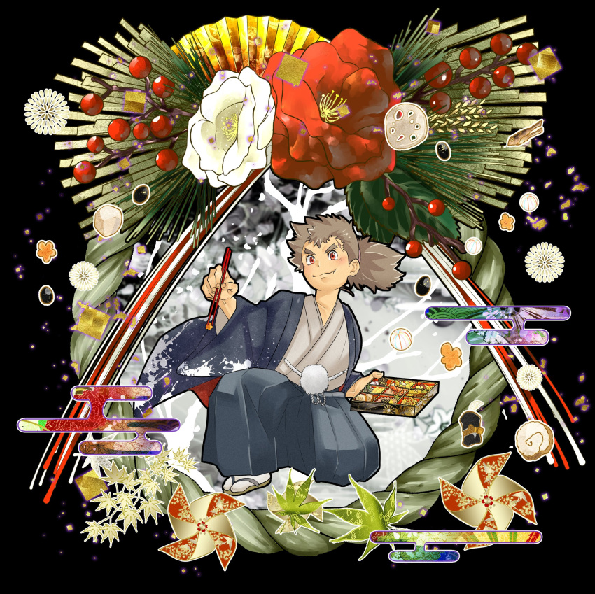 1boy, absurdres, brown_hair, commentary, dark-skinned_male, dark_skin, egasumi, flower