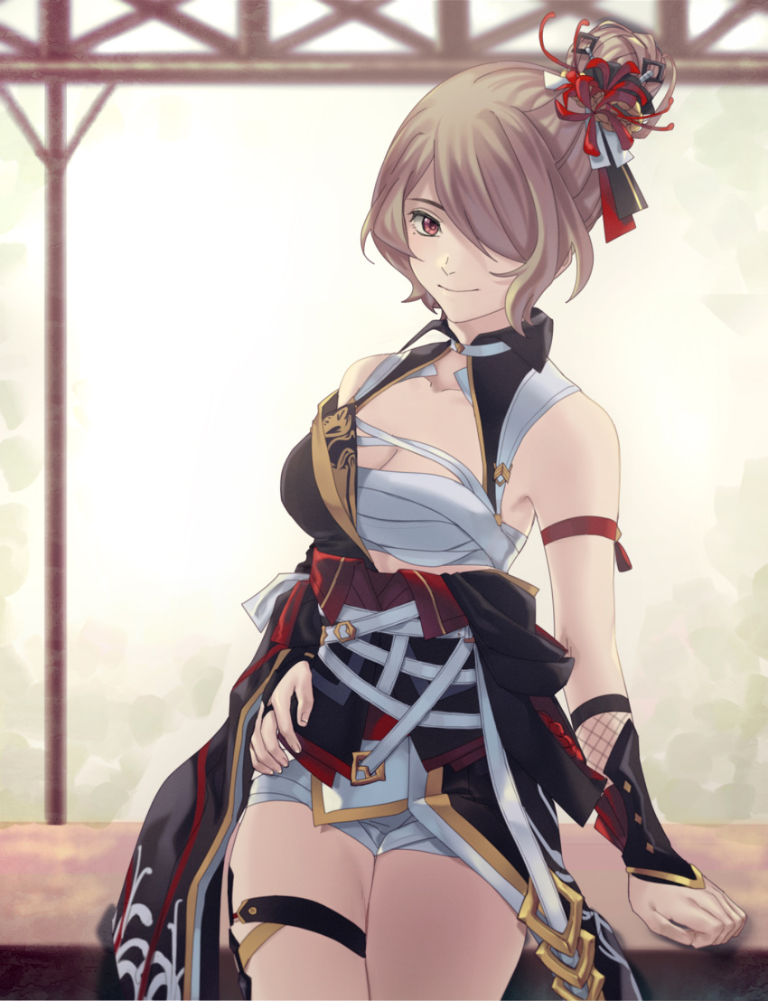 1girl, bangs, bare_shoulders, black_kimono, brown_hair, closed_mouth, gauntlets, hair_bun