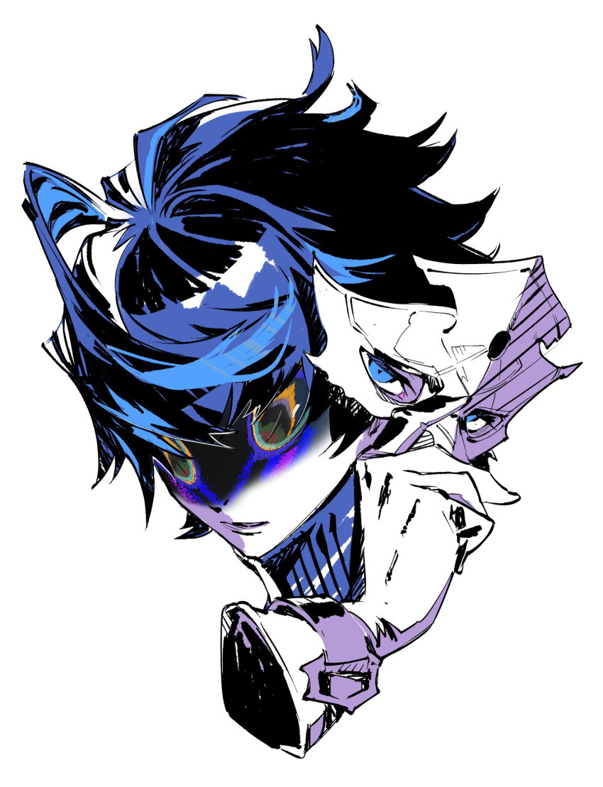 1boy, alchemy_stars, blue_eyes, blue_hair, disembodied_limb, face, gloves, highres