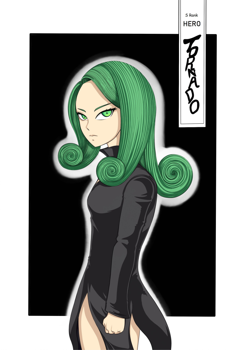 1girl, absurdres, black_background, black_dress, curly_hair, dress, ememtrp, highres