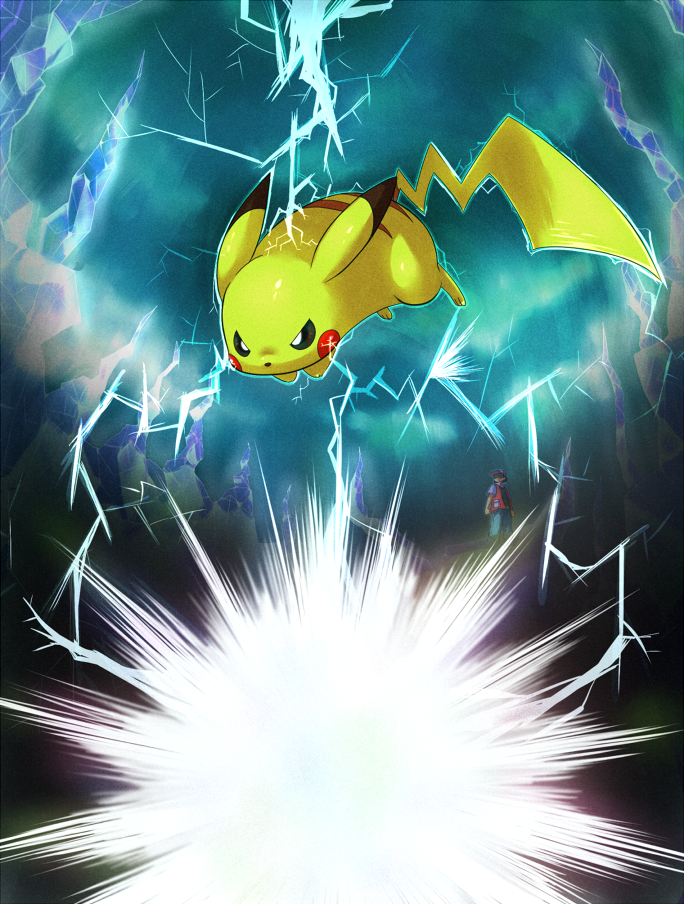 1boy, artist_request, electricity, hat, jumping, pikachu, pokemon, pokemon_(creature), pokemon_(game), red_(pokemon), red_(pokemon)_(cameo), red_(pokemon)_(classic)