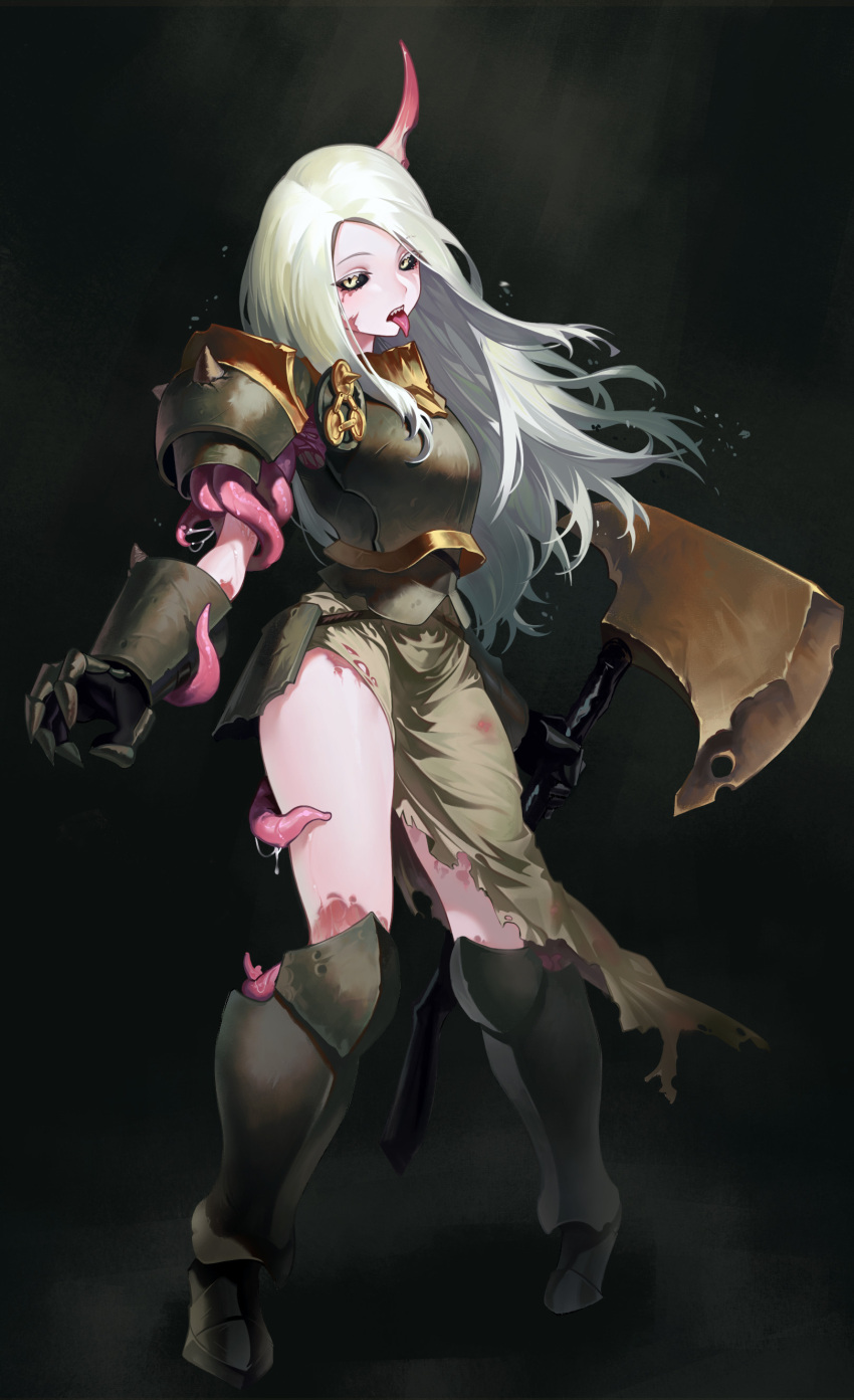 1girl, absurdres, armor, armored_boots, axe, battle_axe, black_background, black_sclera