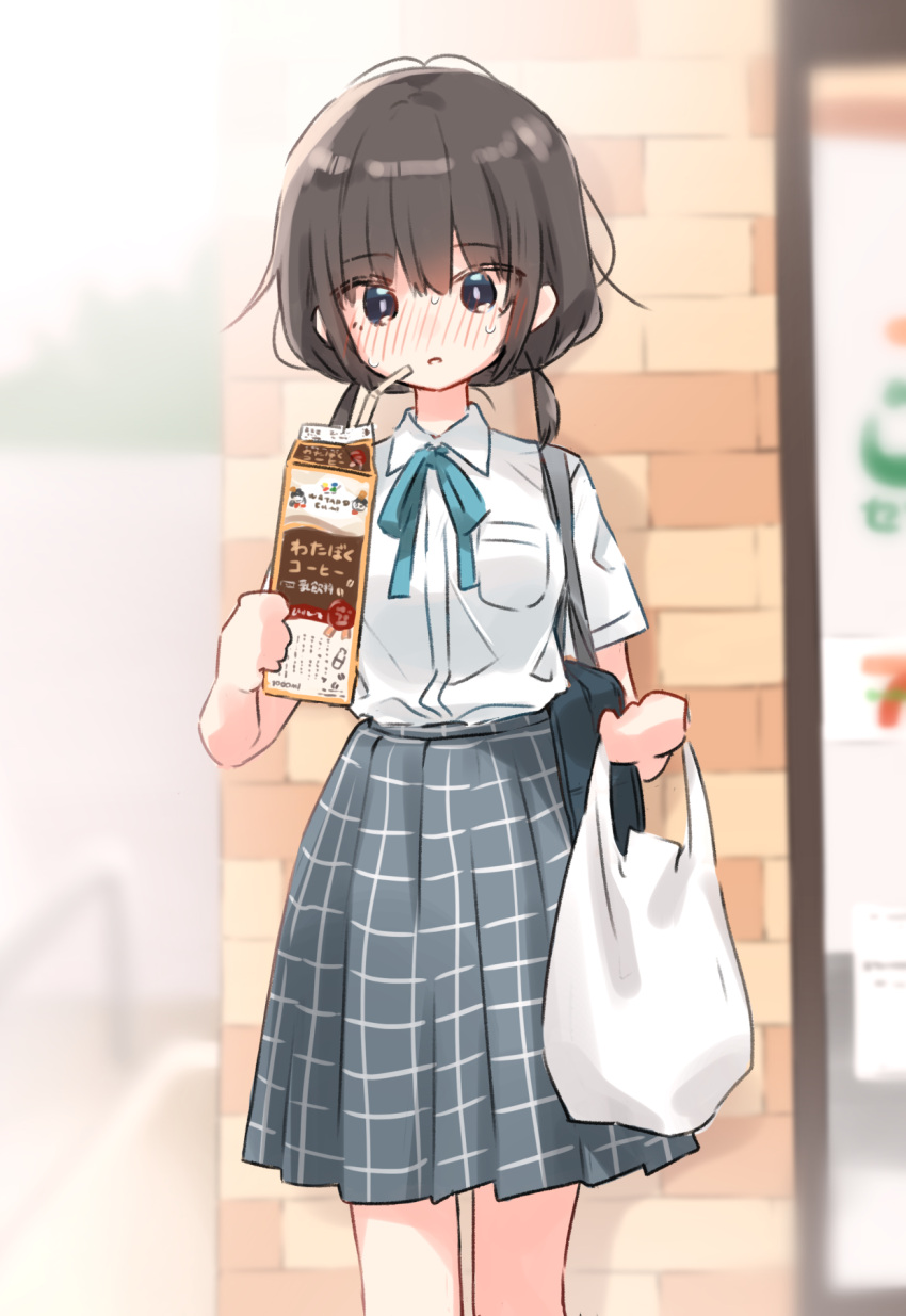 1girl, bag, black_hair, blue_eyes, blush, carton, coffee_milk, commentary