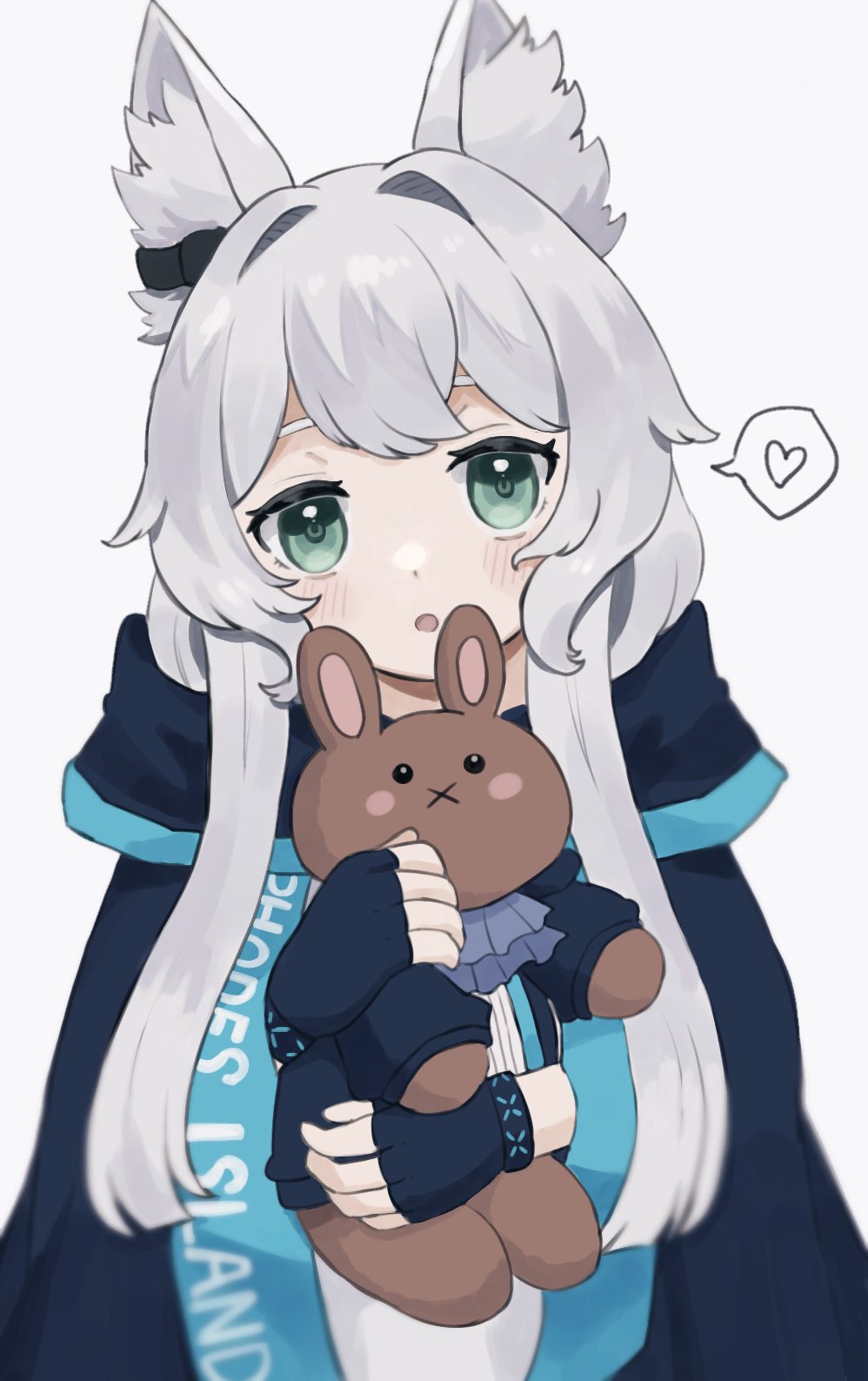 1girl, :o, animal_ear_fluff, animal_ears, arknights, bangs, black_coat, black_gloves, blush, bracelet, cat_ears, clothes_writing, coat, eyebrows_behind_hair, fingerless_gloves, gloves, green_eyes, heart, highres, holding, holding_stuffed_toy, infection_monitor_(arknights), jewelry, long_hair, looking_at_viewer, open_clothes, open_coat, open_mouth, rosmontis_(arknights), sidelocks, silver_hair, simple_background, solo, someyaya, speech_bubble, spoken_heart, stuffed_animal, stuffed_bunny, stuffed_toy, upper_body, weapon