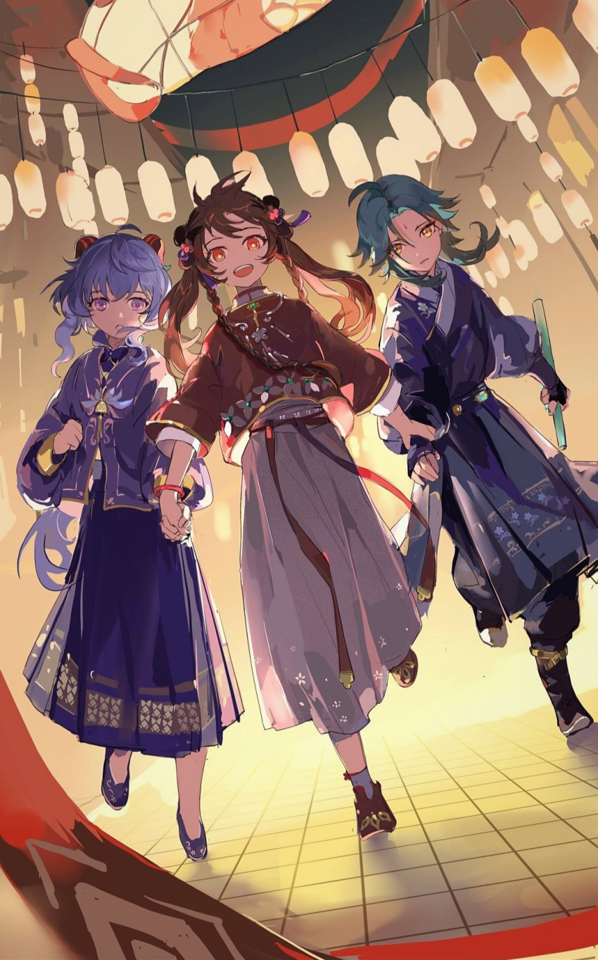 1boy, 2girls, ahoge, alternate_costume, alternate_hairstyle, aqua_hair, bangs, bell, black_hair, braid, brown_hair, chinese_clothes, commentary_request, facial_mark, floral_print, flower-shaped_pupils, forehead_mark, ganyu_(genshin_impact), genshin_impact, hair_ornament, highres, holding, holding_hands, horns, hu_tao_(genshin_impact), lantern, long_hair, looking_at_viewer, multicolored_hair, multiple_girls, open_mouth, outdoors, purple_hair, qingxin_gua_yu, red_eyes, redhead, side_braids, skirt, symbol-shaped_pupils, twintails, very_long_hair, violet_eyes, xiao_(genshin_impact), yellow_eyes, younger