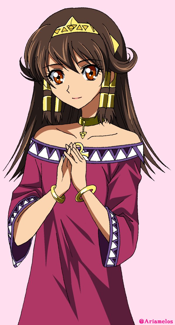 1girl, ankh, ariamelos, bangs, bracelet, brown_eyes, choker, dress, dual_persona, egyptian_clothes, hair_tubes, hexagon, highres, jewelry, long_sleeves, off_shoulder, prana_(yu-gi-oh!), purple_dress, sera_(yu-gi-oh!), tamagokake_candy, wide_sleeves, yu-gi-oh!, yu-gi-oh!_the_dark_side_of_dimensions