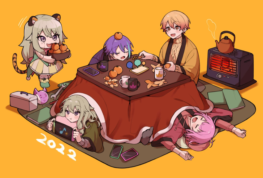 2boys, 3girls, :3, :d, animal_ears, bangs, beige_sweater, blonde_hair