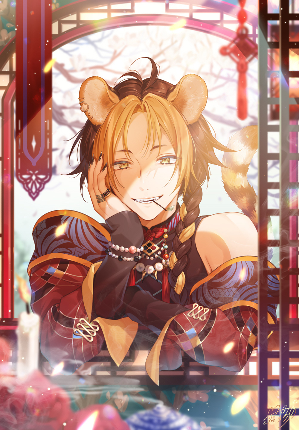 1boy, animal_ear_fluff, animal_ears, antenna_hair, arch, bangs, bare_shoulders, bead_bracelet, bead_necklace, beads, black_hair, black_nails, blonde_hair, blurry, bracelet, braid, branch, candle, censer, chinese_zodiac, cocosuke, depth_of_field, dyed_bangs, earrings, elbow_rest, fangs, fingernails, hand_on_another's_cheek, hand_on_another's_face, head_rest, highres, incense, infinity, jacket, jewelry, layered_clothing, long_fingernails, long_hair, looking_at_viewer, male_focus, mouth_hold, multicolored_hair, multiple_earrings, necklace, off_shoulder, original, ring, side_braid, signature, single_braid, sleeves_past_wrists, smirk, smoke, solo, tail, tassel, tiger_boy, tiger_ears, tiger_tail, two-tone_hair, year_of_the_tiger, yellow_eyes