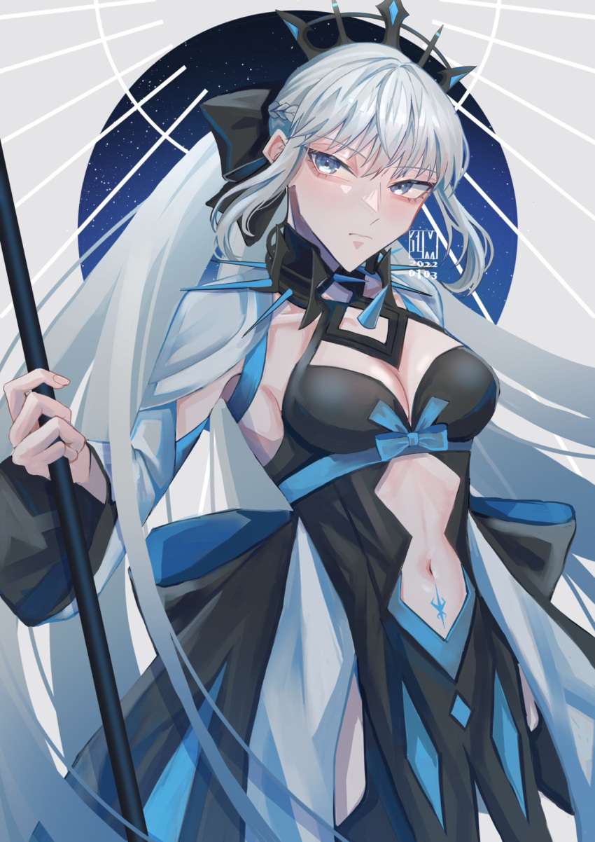 1girl, bangs, black_bow, black_dress, blue_eyes, bow, breasts, center_opening, cleavage_cutout, closed_mouth, clothing_cutout, commentary, dress, eyebrows_visible_through_hair, fate/grand_order, fate_(series), fingernails, hair_between_eyes, hair_bow, hair_ornament, highres, holding, holding_staff, holding_weapon, ichimichi_111, large_breasts, long_hair, long_sleeves, looking_at_viewer, morgan_le_fay_(fate), navel, night, night_sky, outdoors, outstretched_arm, ponytail, pubic_tattoo, serious, sidelocks, silver_hair, sky, solo, staff, star_(sky), tattoo, tiara, tree, two-tone_dress, upper_body, very_long_hair, weapon, white_dress, wide_sleeves