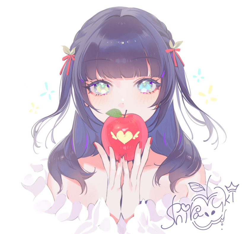 1girl, apple, bangs, bare_shoulders, birthday, black_hair, blush, braid, braided_ponytail, collarbone, commentary, english_commentary, eyebrows_visible_through_hair, food, frills, fruit, green_eyes, hair_ornament, hands_up, happy_birthday, highres, holding, holding_food, holding_fruit, kano_shirayuki, leaf, long_eyelashes, long_hair, looking_at_viewer, nail_polish, ohisashiburi, project_luminasys, red_nails, red_ribbon, ribbon, simple_background, solo, twintails, white_background