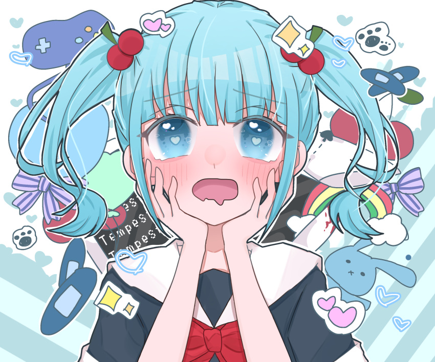 1girl, anazawa_nijimi, ayakausamin, blue_eyes, blue_hair, blush, bow, head_rest, heart, heart-shaped_pupils, highres, looking_at_viewer, mahou_shoujo_site, pale_skin, ribbon, school_uniform, symbol-shaped_pupils, twintails, yume_kawaii