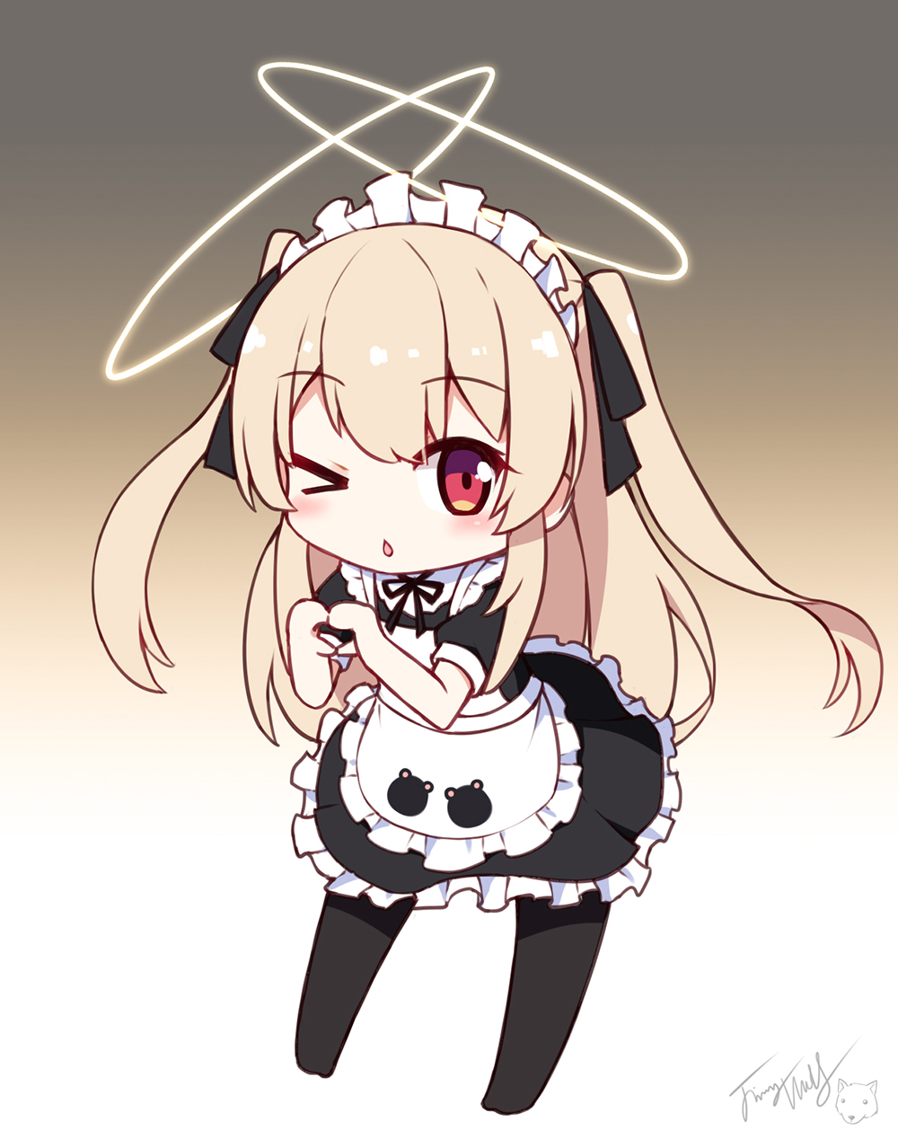 >_o, 1girl, alternate_costume, apron, black_bow, black_dress, black_legwear, blush