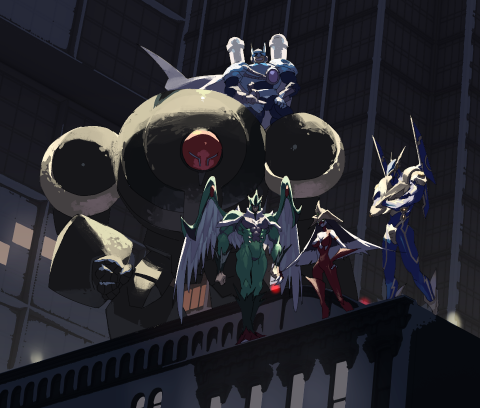 1girl, 4boys, building, crossed_arms, duel_monster, e_volution, elemental_hero_avian, elemental_hero_bubbleman