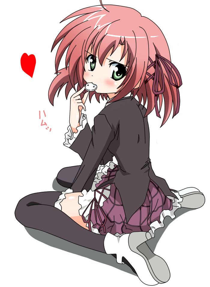 blush, food, green_eyes, kneeling, looking_back, norainu_(takeru), pink_hair, ribbon