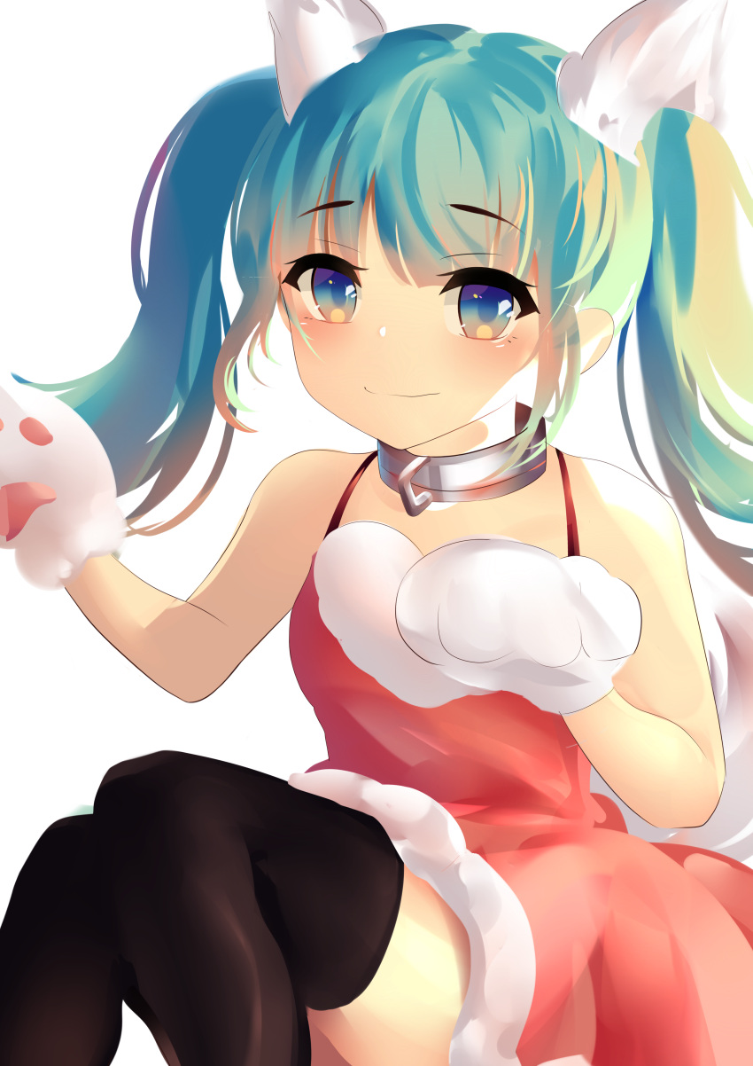 1girl, absurdres, anazawa_nijimi, animal_ears, animal_hands, blue_eyes, blue_hair, blush