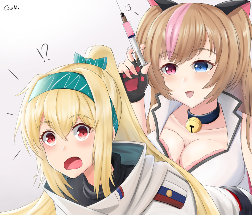 2girls, animal_ears, blonde_hair, bow, breasts, brown_hair, cat_ears, eyebrows_visible_through_hair