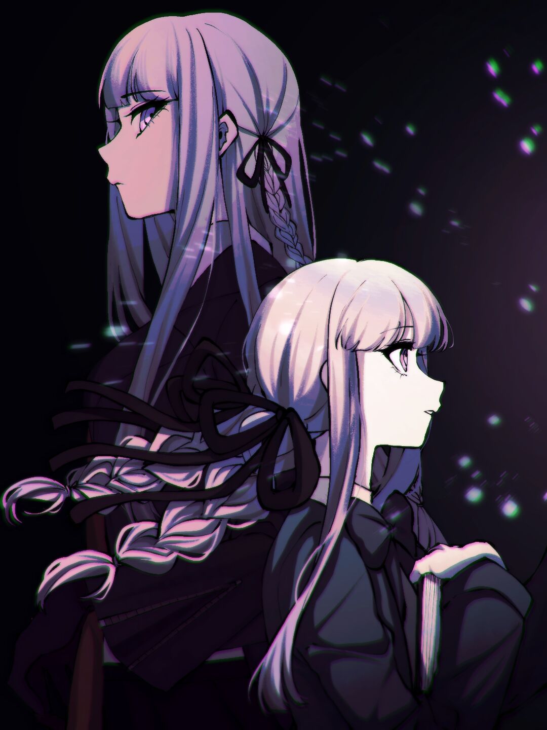 2girls, bangs, black_background, black_jacket, black_ribbon, braid, child, danganronpa:_trigger_happy_havoc