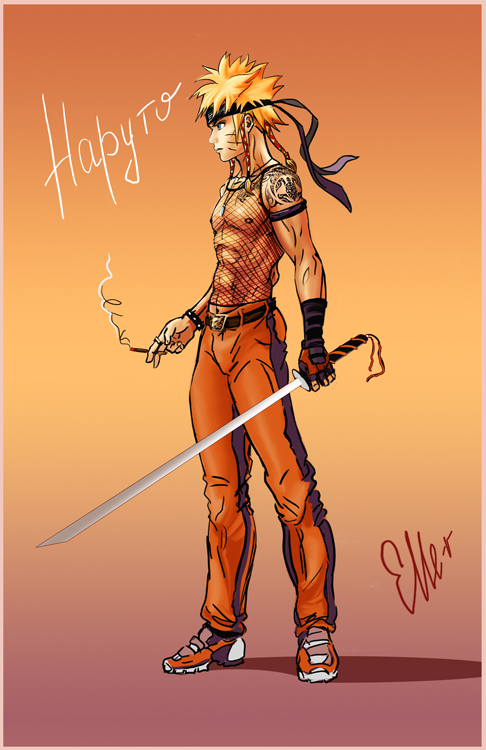 abs, belt, blonde_hair, blue_eyes, bracelet, cigarette, earrings, fingerless_gloves