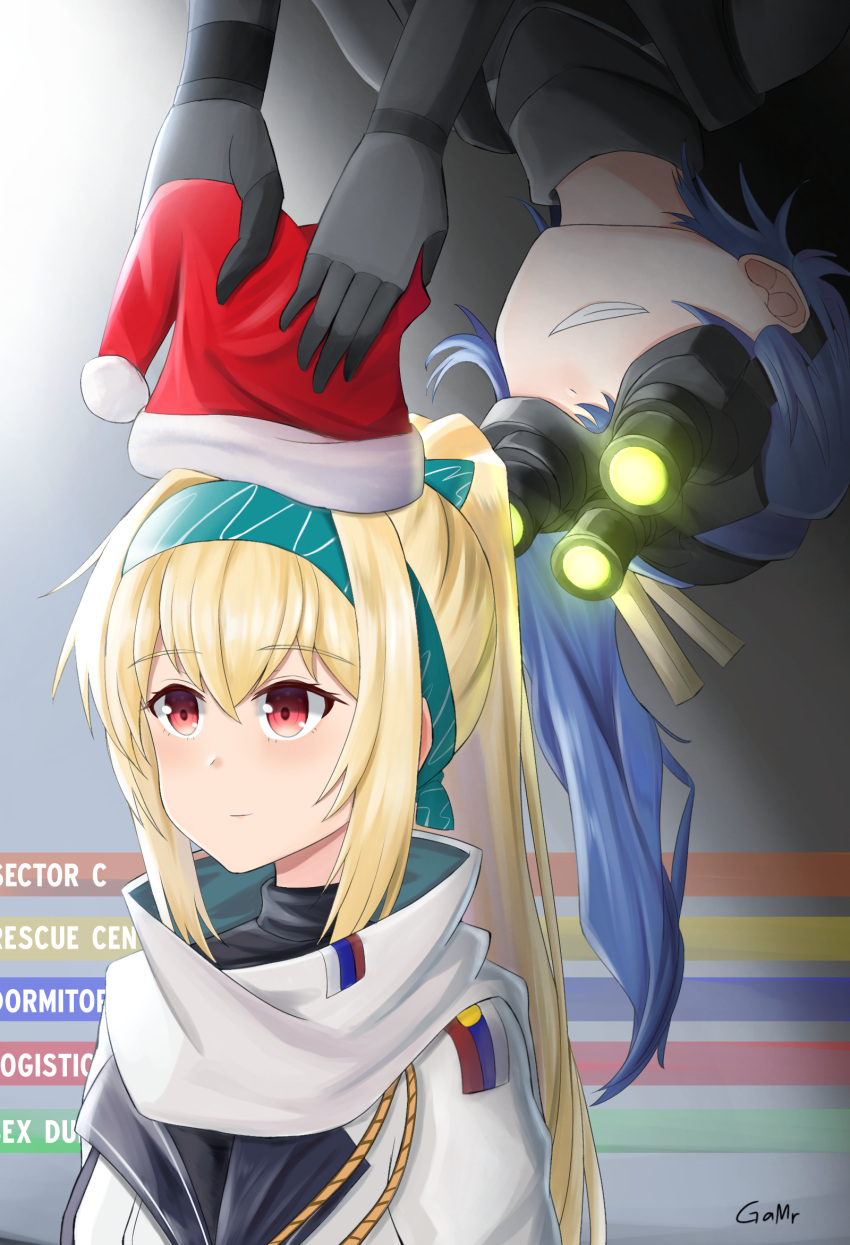 2girls, blonde_hair, blue_hair, eyebrows_visible_through_hair, gamryous, girls_frontline, gloves, grin