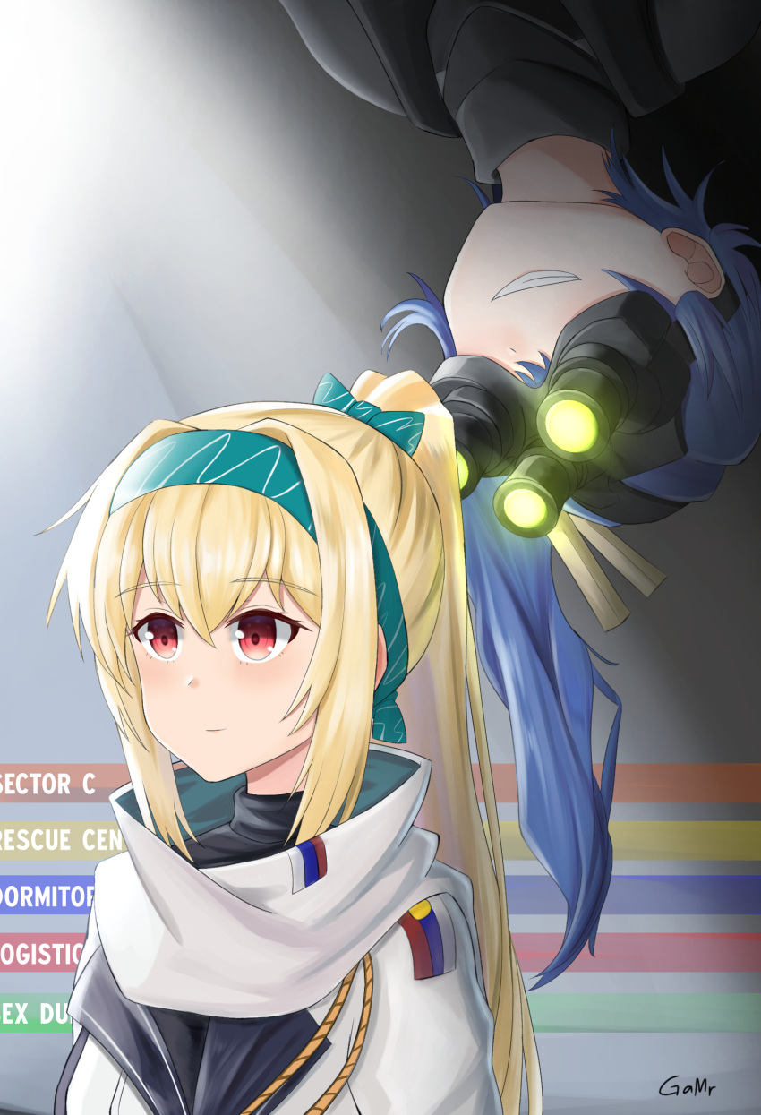2girls, blonde_hair, blue_hair, eyebrows_visible_through_hair, gamryous, girls_frontline, gloves, hairband