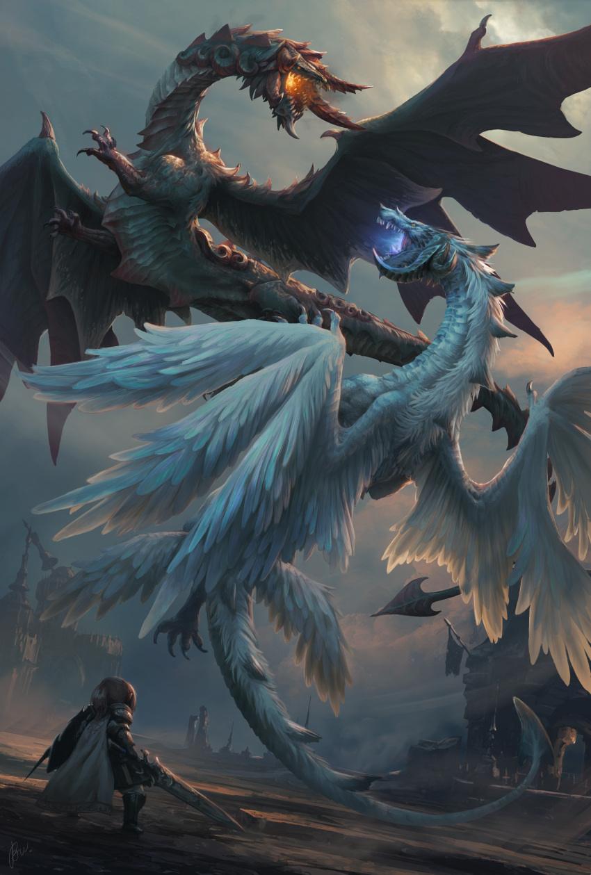 1girl, absurdres, aerial_battle, armor, armored_boots, avatar_(ffxiv), battle, boots, breathing_fire, brenda_van_vugt, brown_hair, building, cape, claws, clouds, cloudy_sky, commentary, curled_horns, dragon, english_commentary, facing_away, fantasy, feathered_wings, feathers, fighting_stance, final_fantasy, final_fantasy_xiv, fire, flying, from_behind, full_body, grey_sky, highres, holding, holding_shield, holding_sword, holding_weapon, horns, hraesvelgr_(ff14), lalafell, legs_apart, nidhogg_(ff14), open_mouth, orange_eyes, paladin_(final_fantasy), pauldrons, pointy_ears, ponytail, sharp_teeth, shield, shoulder_armor, signature, sky, slit_pupils, spiked_tail, standing, sword, tail, teeth, weapon, white_cape, wings, yellow_eyes