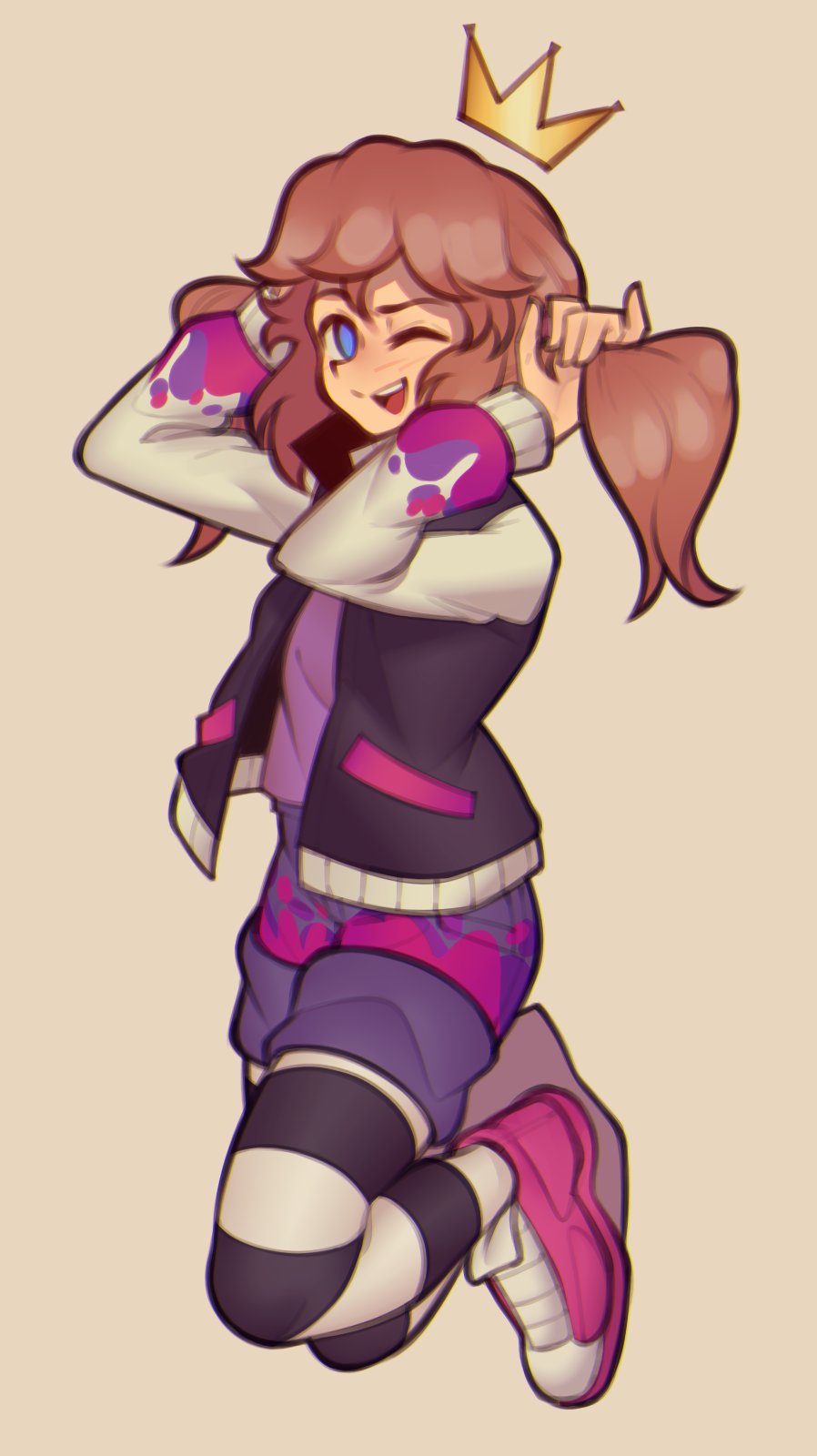 1girl, a_hat_in_time, alternate_hairstyle, black_jacket, black_legwear, blue_eyes, brown_hair, crown