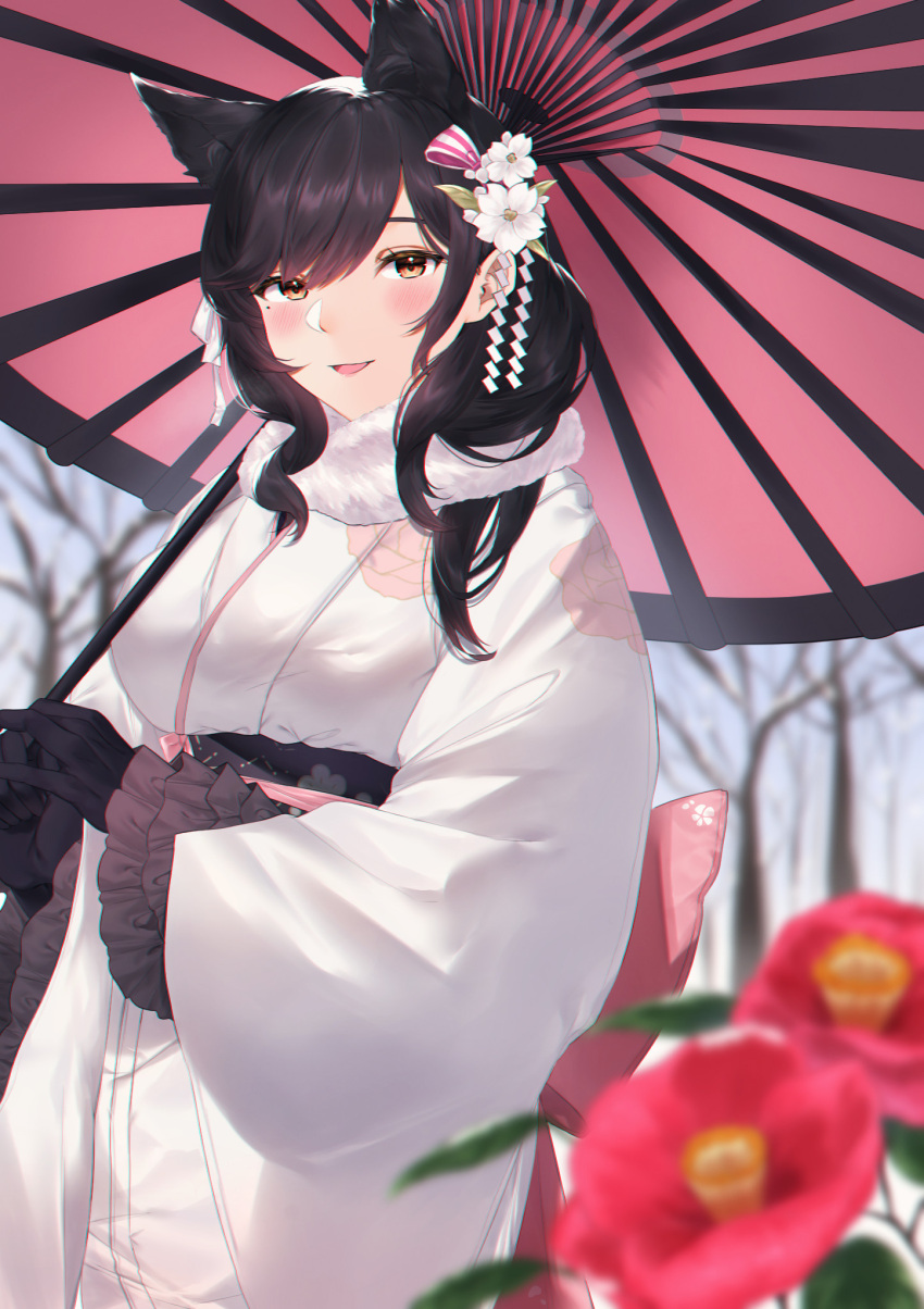 1girl, atago_(azur_lane), atago_(hallmarks_of_winter)_(azur_lane), azur_lane, back_bow, black_gloves, black_hair, blurry, blurry_background, blurry_foreground, bow, breasts, extra_ears, flower, gloves, highres, holding, holding_umbrella, japanese_clothes, kayoubi_(tuesday_91), kimono, large_breasts, long_hair, looking_at_viewer, mole, mole_under_eye, official_alternate_costume, oil-paper_umbrella, pink_bow, pink_flower, pink_umbrella, solo, standing, umbrella, white_kimono, yellow_eyes