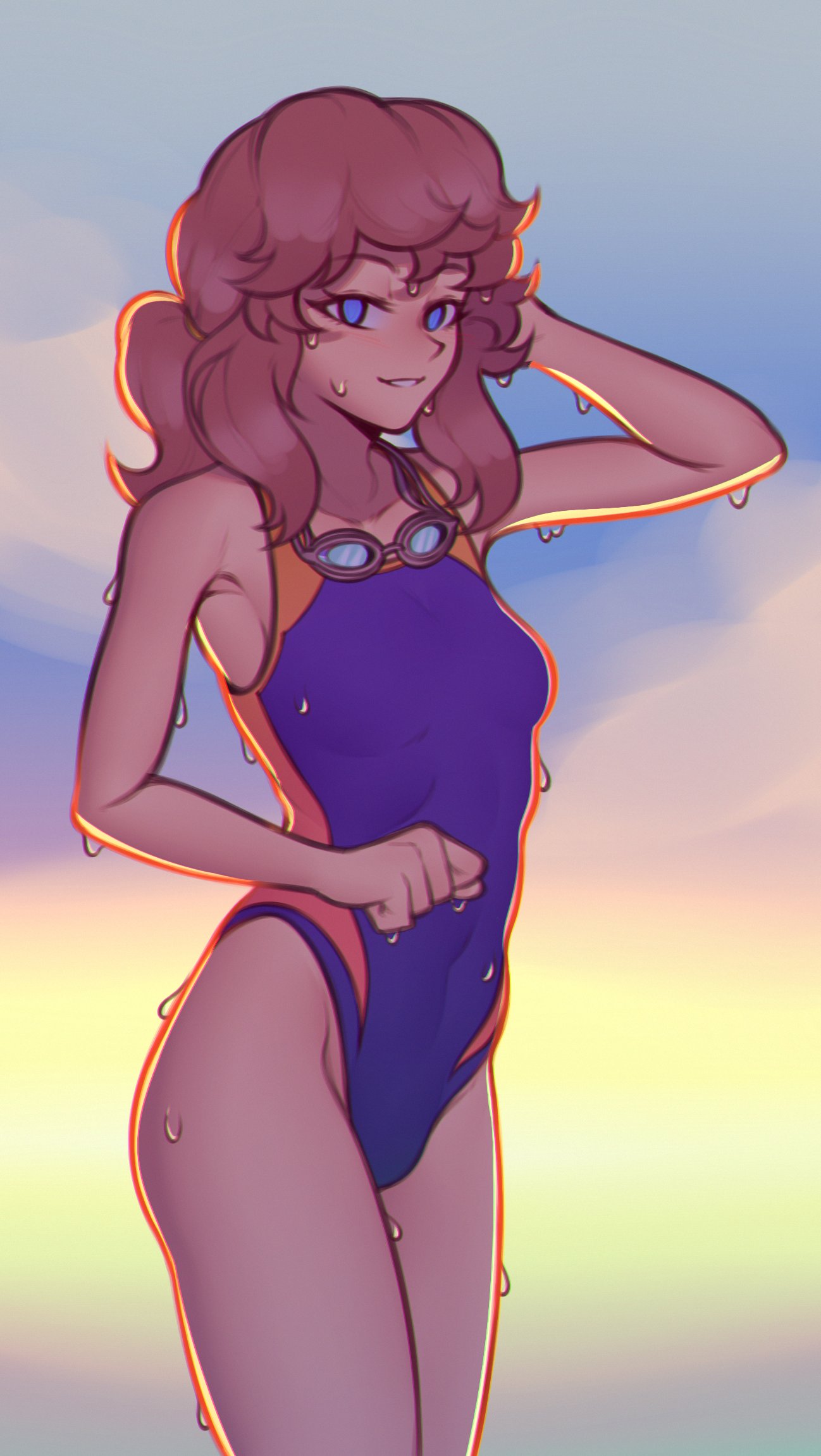 1girl, a_hat_in_time, arm_up, blue_eyes, blush, brown_hair, covered_navel, eyebrows_visible_through_hair