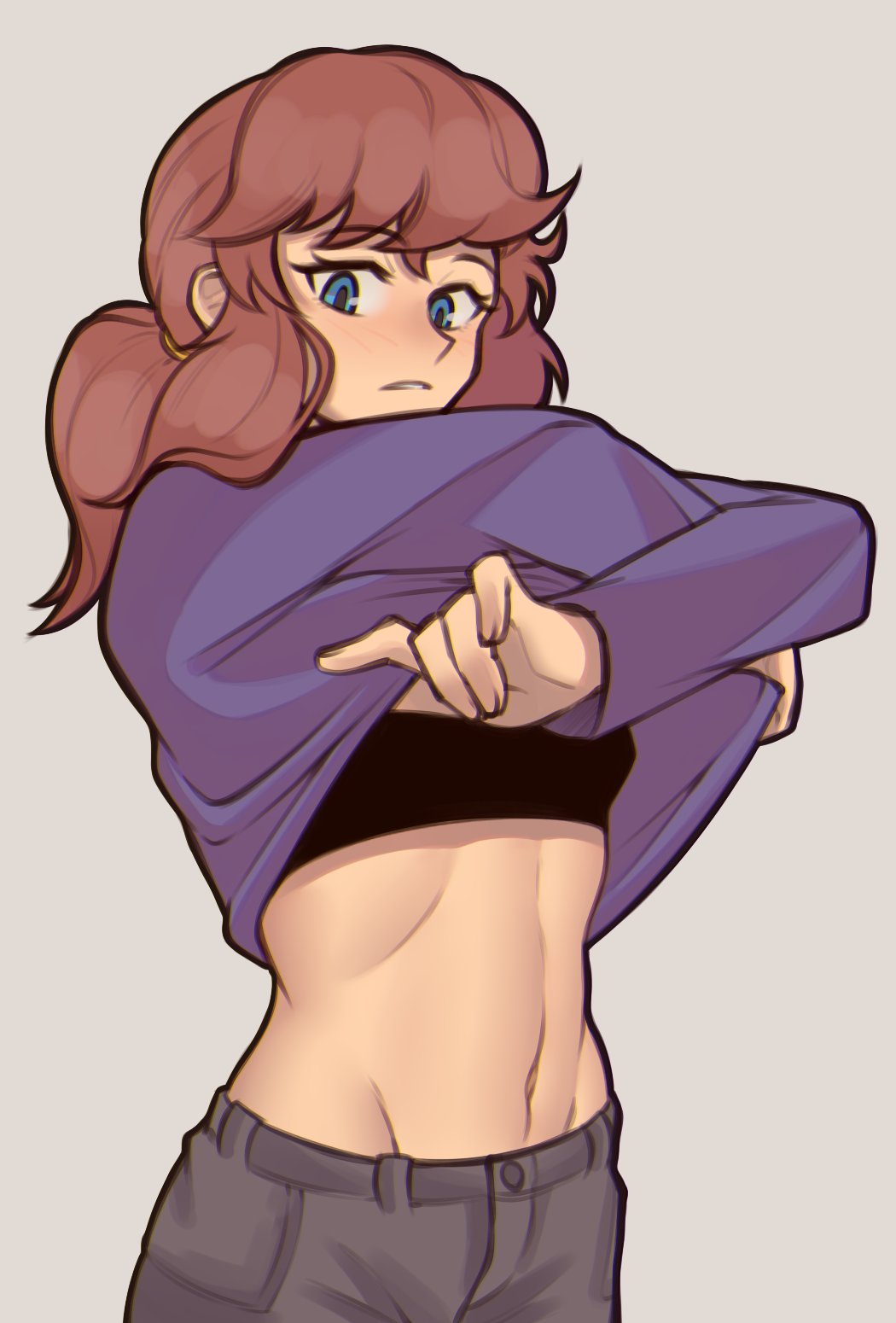 1girl, a_hat_in_time, black_bra, black_sports_bra, blue_eyes, bra, brown_hair, clothes_lift
