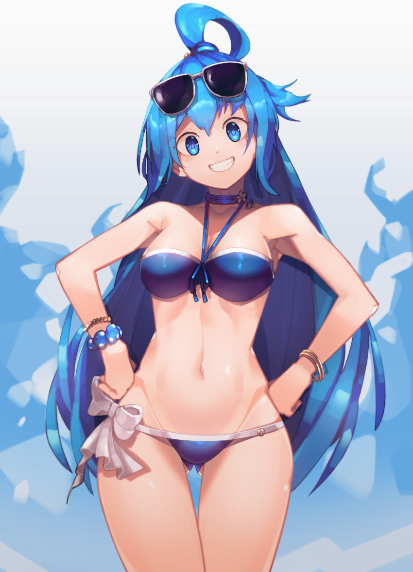 1girl, absurdres, aqua_(konosuba), ass_visible_through_thighs, bare_shoulders, bikini, blue_bikini, blue_choker, blue_eyes, blue_hair, blue_scrunchie, blue_theme, bow, bracelet, choker, eyebrows_visible_through_hair, eyewear_on_head, gradient, gradient_background, h.pn, hair_between_eyes, hands_on_hips, highres, jewelry, kono_subarashii_sekai_ni_shukufuku_wo!, long_hair, navel, scrunchie, scrunchie_removed, smile, solo, sunglasses, swimsuit, teeth, white_bow