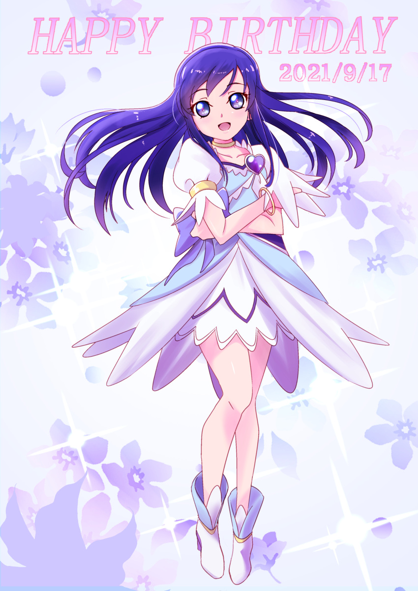 1girl, absurdres, birthday, blue_background, blue_dress, blue_eyes, blue_hair, boots