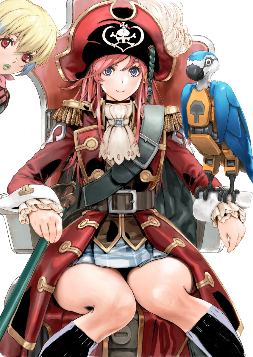 2girls, absurdres, belt, bird, blonde_hair, commentary_request, epaulettes, frilled_sleeves