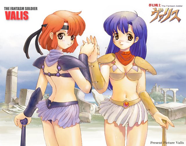 2girls, 80's, armor, asou_yuuko, bikini, blue_hair, kirishima_reiko, legs