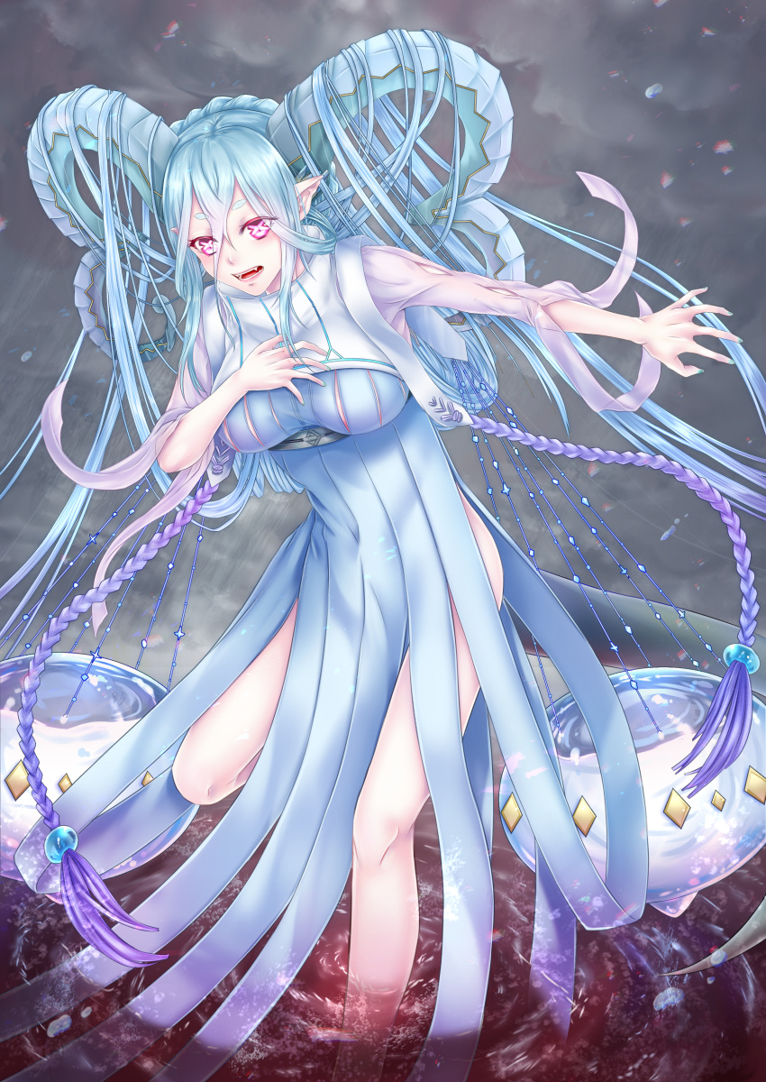 1girl, absurdres, blue_dress, blue_eyebrows, blue_hair, blue_nails, braid, breasts