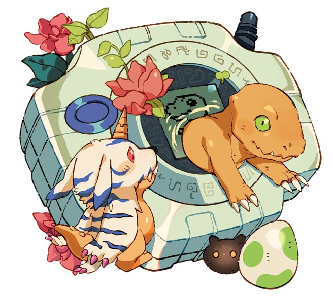 agumon, claws, closed_mouth, device, digiegg, digimon, digimon_(creature), digimon_adventure, egg, english_commentary, fangs, flower, gabumon, green_eyes, leaf, looking_at_another, no_humans, pink_flower, plant, red_eyes, sharp_teeth, simple_background, teeth, vulpetrope, white_background