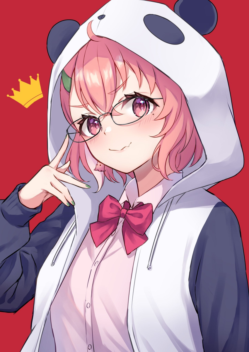 1girl, adjusting_eyewear, animal_ears, animal_hood, bangs, black-framed_eyewear, blush, bow
