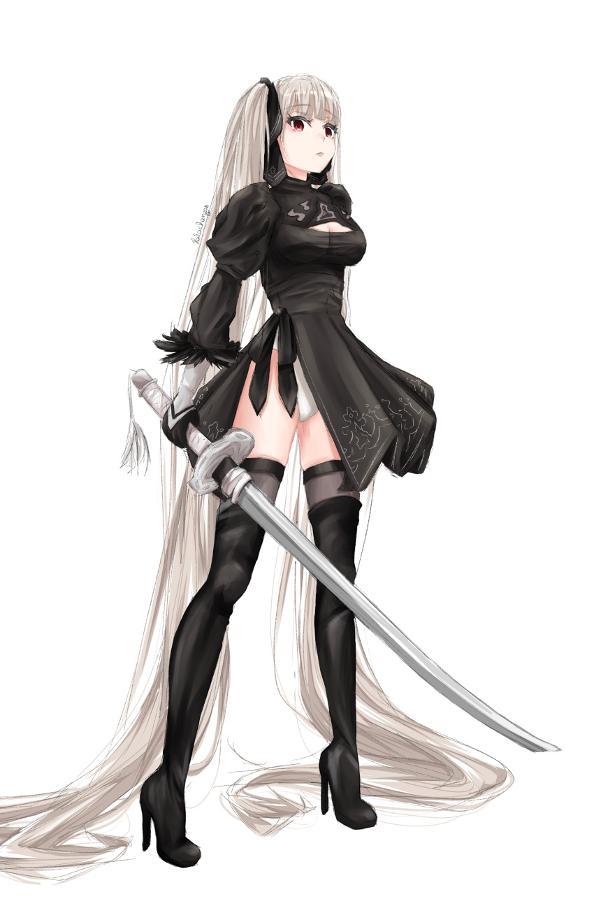 1girl, absurdly_long_hair, absurdres, azur_lane, black_dress, black_footwear, black_gloves, black_legwear
