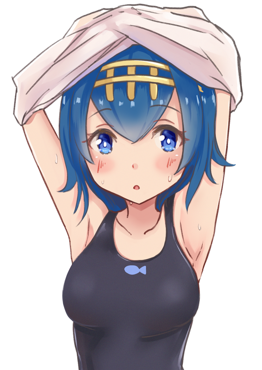 1girl, armpits, blue_eyes, blue_hair, blush, hairband, highres, kaede_shiroppu, lana_(pokemon), looking_at_viewer, one-piece_swimsuit, open_mouth, pokemon, pokemon_(game), pokemon_sm, shirt, short_hair, solo, swimsuit, swimsuit_under_clothes, undressing, yellow_hairband