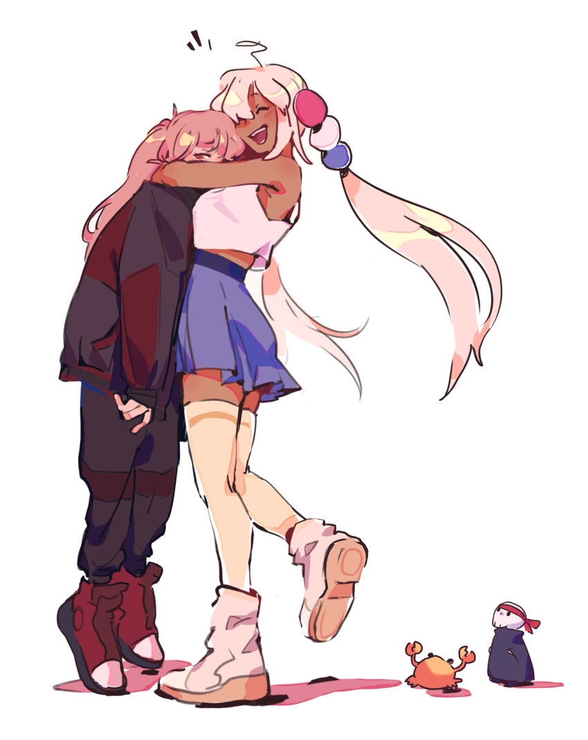 2girls, alternate_costume, bare_shoulders, blonde_hair, commentary, crab, dark-skinned_female, dark_skin